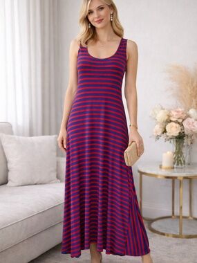 Vineyard Vines Blue & Red Striped Maxi Tank Dress Size S Rayon Blend Jersey Knit